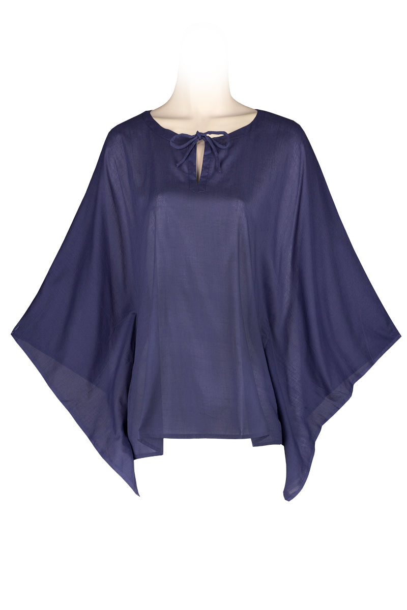 Short Kaftan style top made of cotton voile - hip length - deep blue