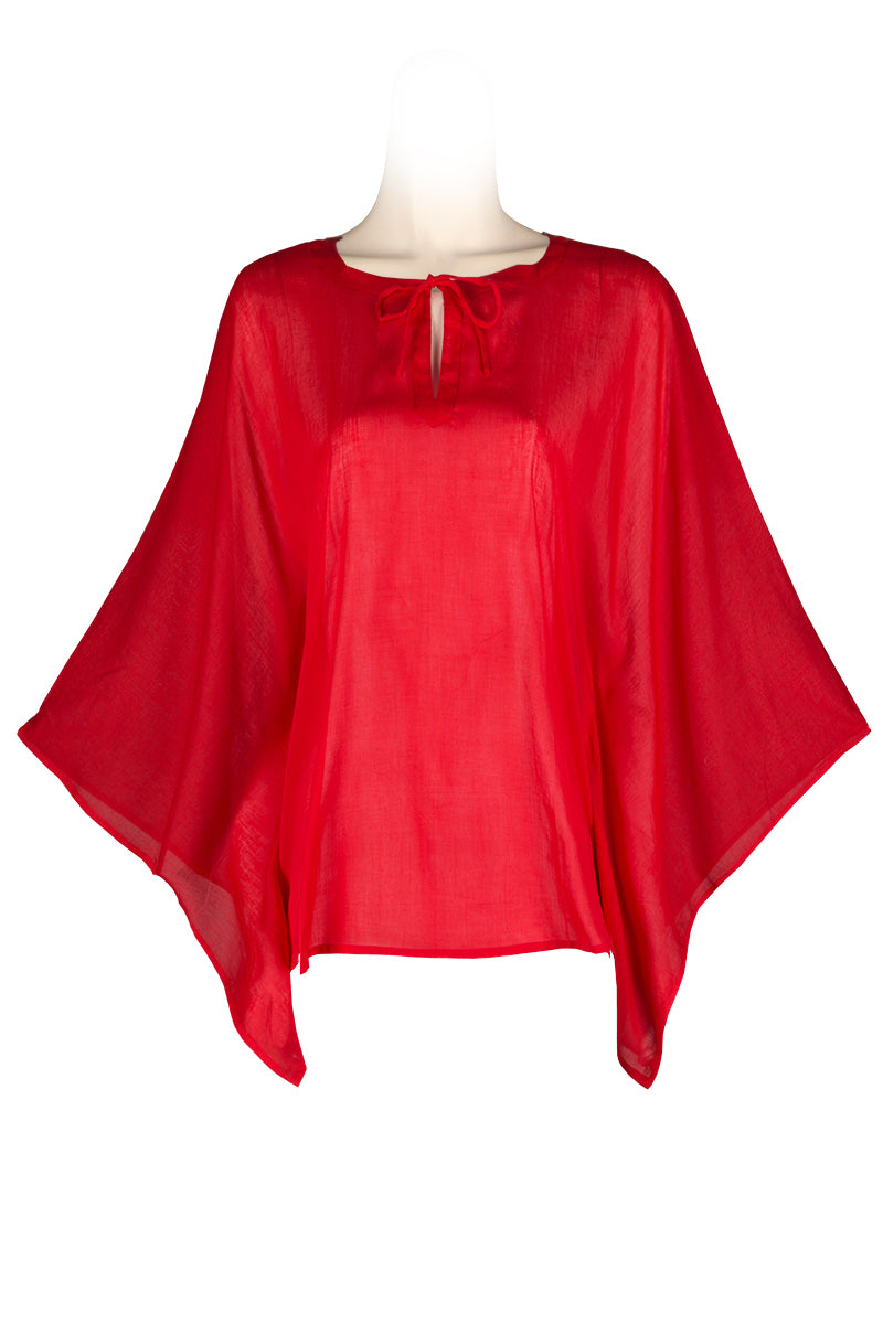 Short Kaftan style top made of cotton voile - hip length - bright red