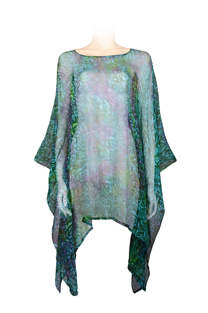 Chiffon caftan top - 100% silk - printed batik by hand - emerald print