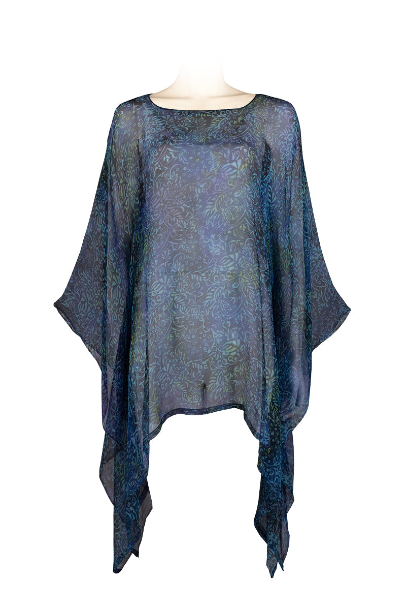 Chiffon caftan top - 100% silk - printed batik by hand - deep blue print