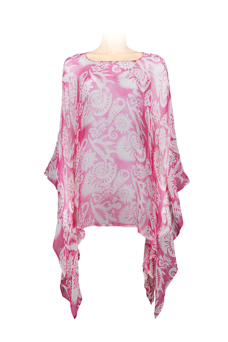 Chiffon top kaftan - made of chiffon silk 100% - printed batik- pink & white
