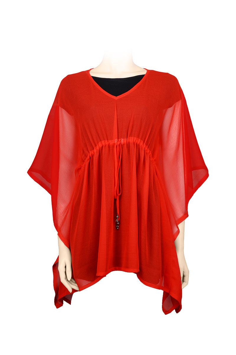 Kaftan top chiffon polyester red with self fabric belt