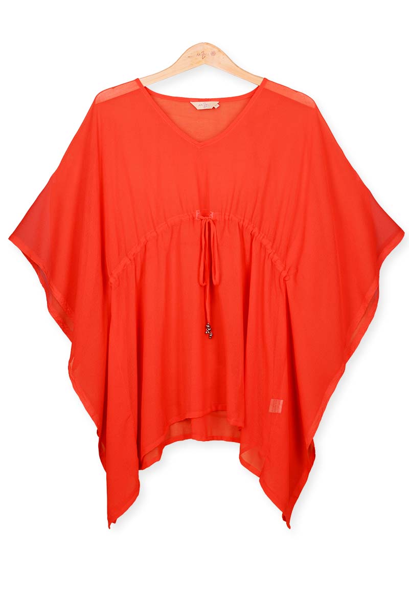 Kaftan top chiffon polyester red with self fabric belt -on hanger