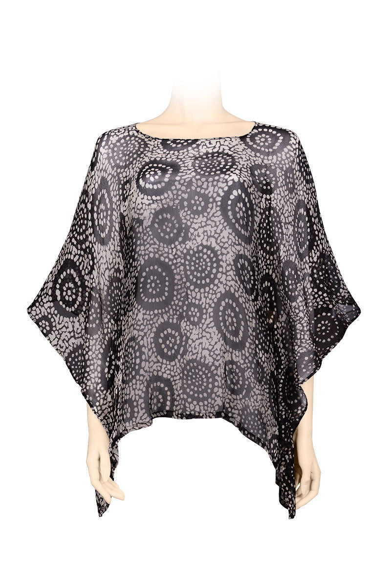 Chiffon silk kaftan top - textured chiffon - batik printed - black & white