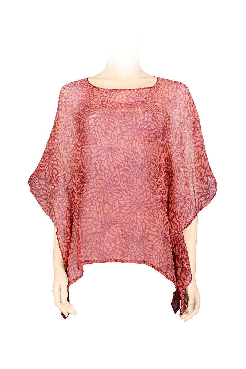 Chiffon silk kaftan top - textured chiffon - batik printed - fuschia & coral