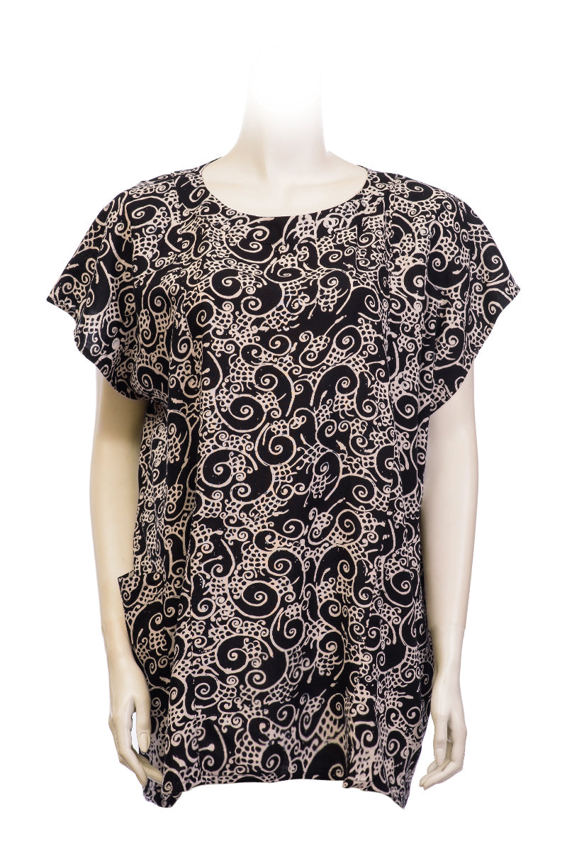 Rayon long top short sleeves batik print black & white