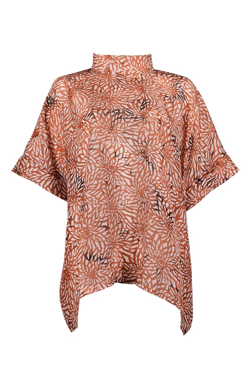 Kaftan top with high collar - silk printed batik - earthy flowers