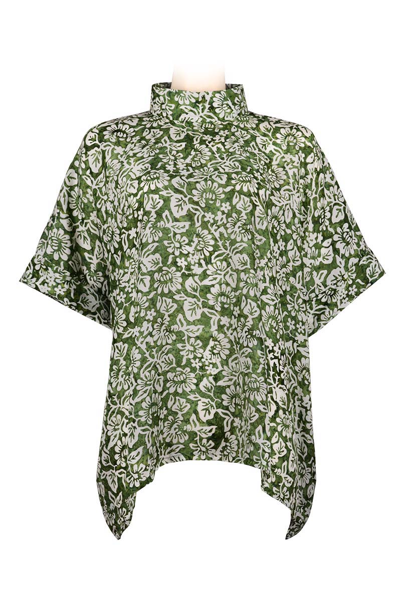 Kaftan top with high collar - silk printed batik - green flower printed