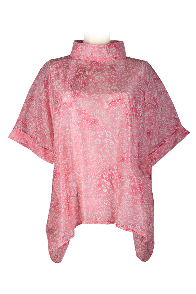 Kaftan top with high collar - silk printed batik - light pink