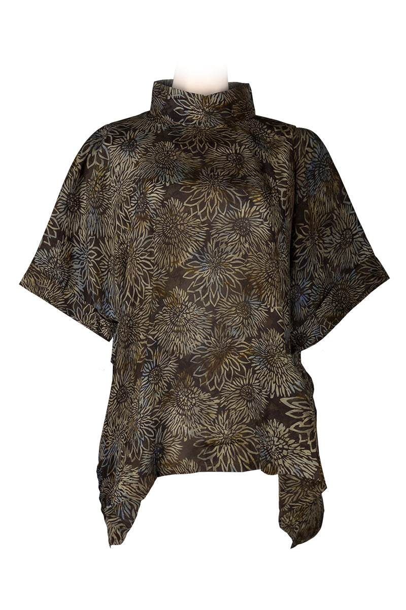 Kaftan top with high collar - silk printed batik - dark brown flowers printed 