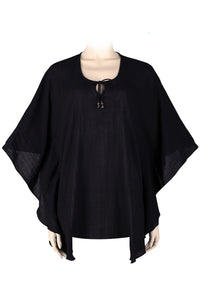 Kaftan top -plain cotton crinkled - black - key hole collar