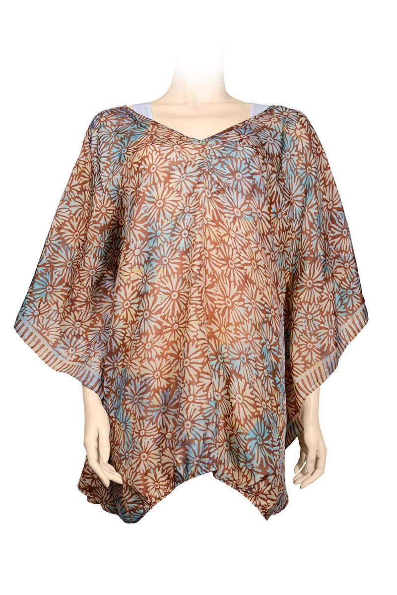 Kaftan top Hanan made of silk - printed batik - earthy flowers 