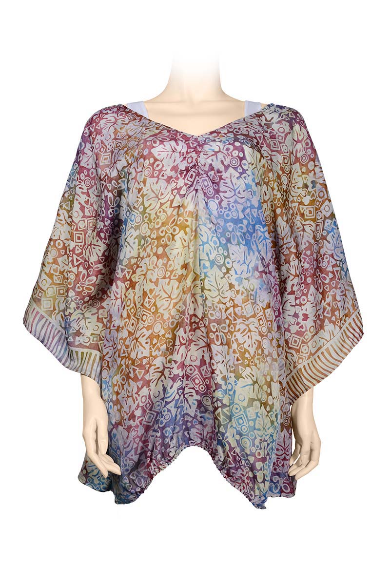 Kaftan top Hanan made of silk - printed batik -leaves & flowers design