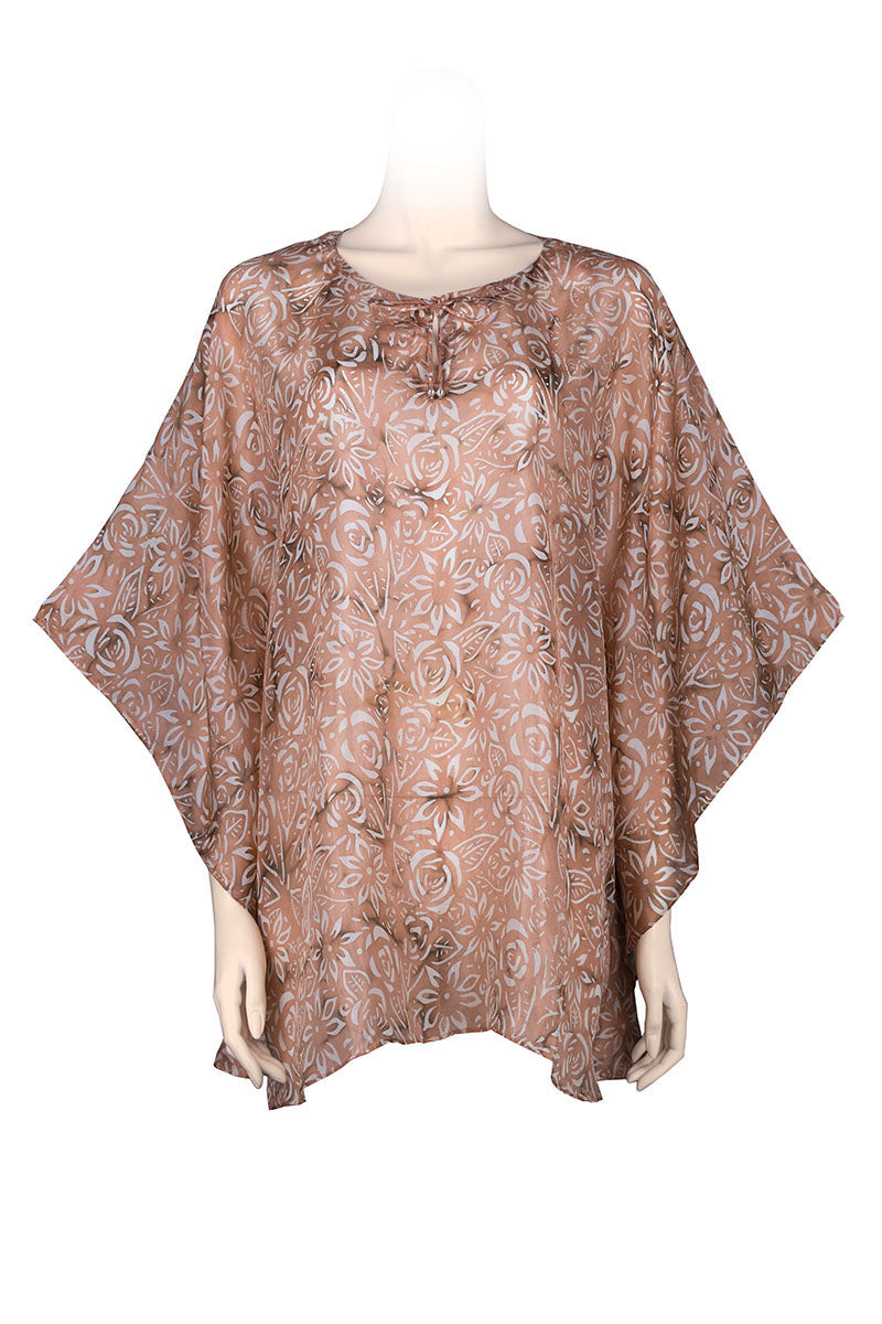 Kaftan top silk habotai printed batik -roses design