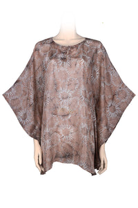 Kaftan top silk habotai printed batik -soft brown colors