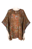 Kaftan top silk habotai printed batik -earthy colors