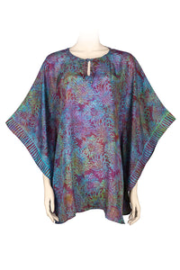 Kaftan top silk habotai printed batik -purple & blue