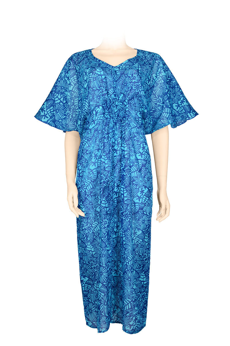 Summer Dress printed batik by hand - pure cotton - blue flowers