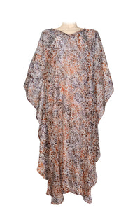 Long kaftan dress made of light pongee silk - printed batik by hand - earthy color