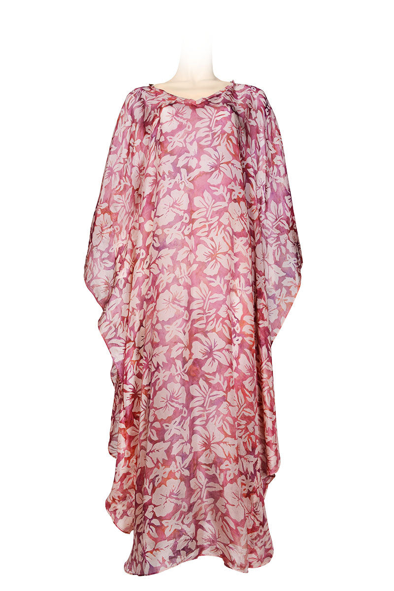 Long kaftan dress made of light pongee silk - printed batik by hand - pink color