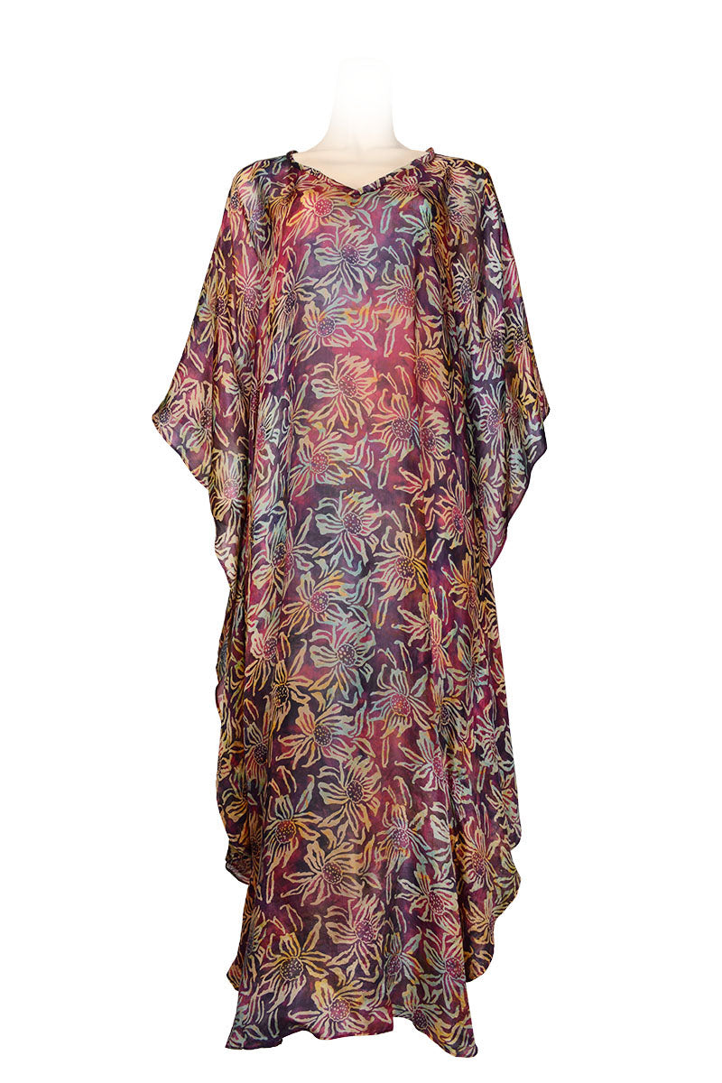 Long kaftan dress made of light pongee silk - printed batik by hand - purple color mixed