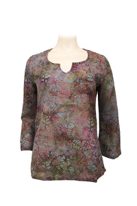 Cotton blouse batik key collar- earthy flowers