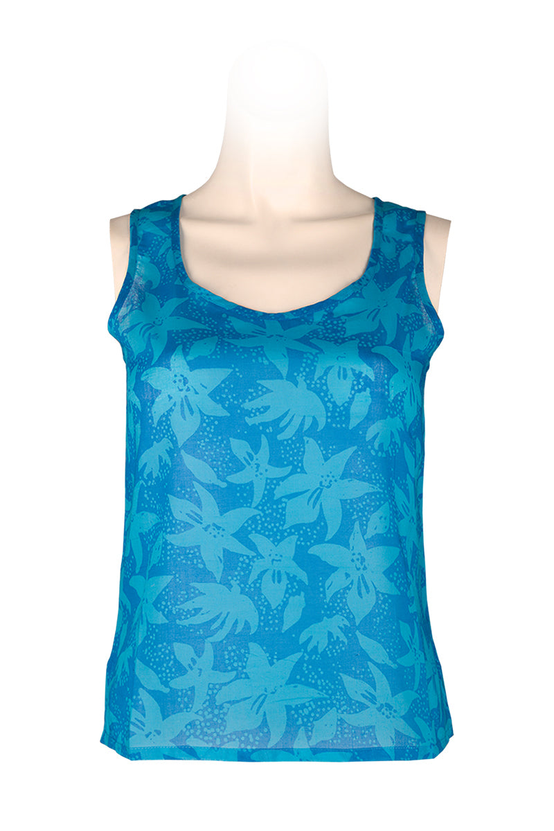 sleeveless top batik-100% cotton-turquoise flowers
