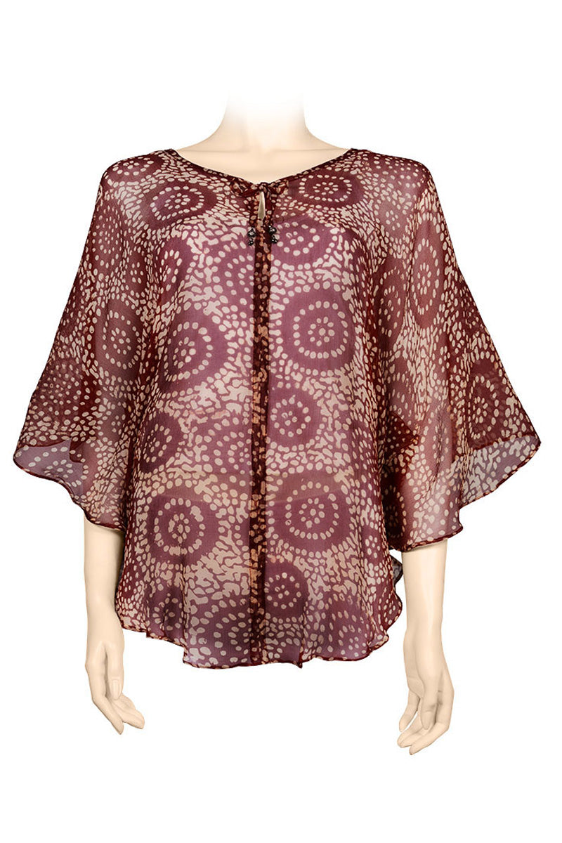 Top silk chiffon - 100% silk crinkled - printed batik by hand - V collar - brown & white