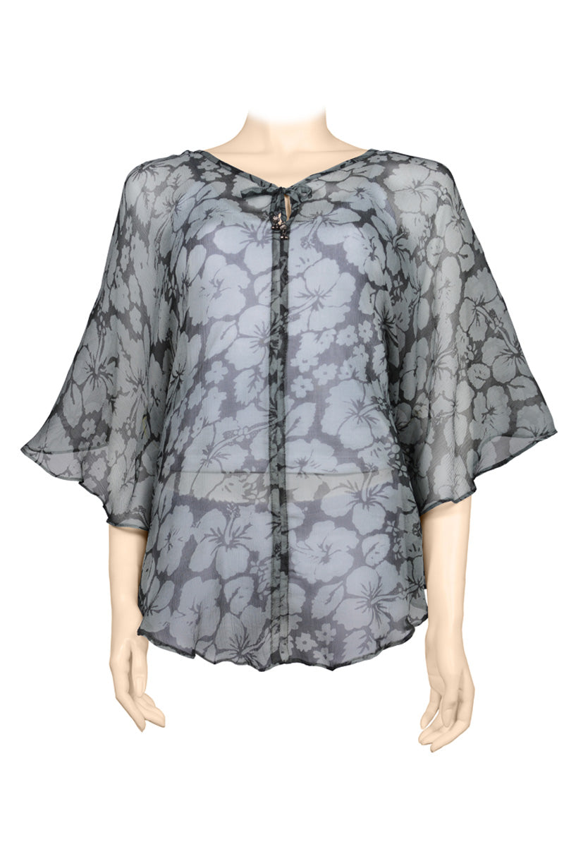 Top silk chiffon - 100% silk crinkled - printed batik by hand - V collar - Hibiscus print