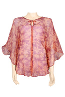 Top silk chiffon - 100% silk crinkled - printed batik by hand - V collar - orchid orange