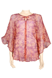 Top silk chiffon - 100% silk crinkled - printed batik by hand - V collar - orchid orange