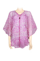 Top silk chiffon - 100% silk crinkled - printed batik by hand - V collar - purple & white