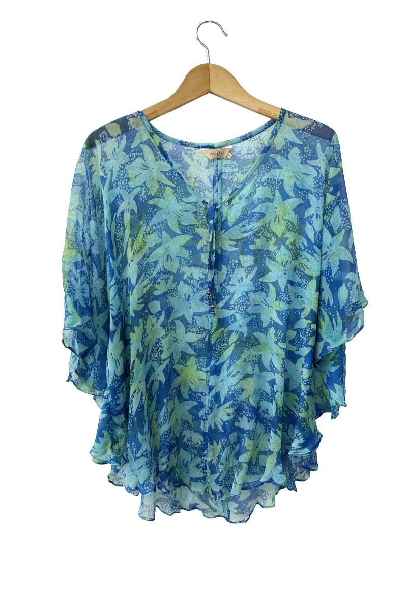 Top silk chiffon - 100% silk crinkled - printed batik by hand - V collar - blue & green