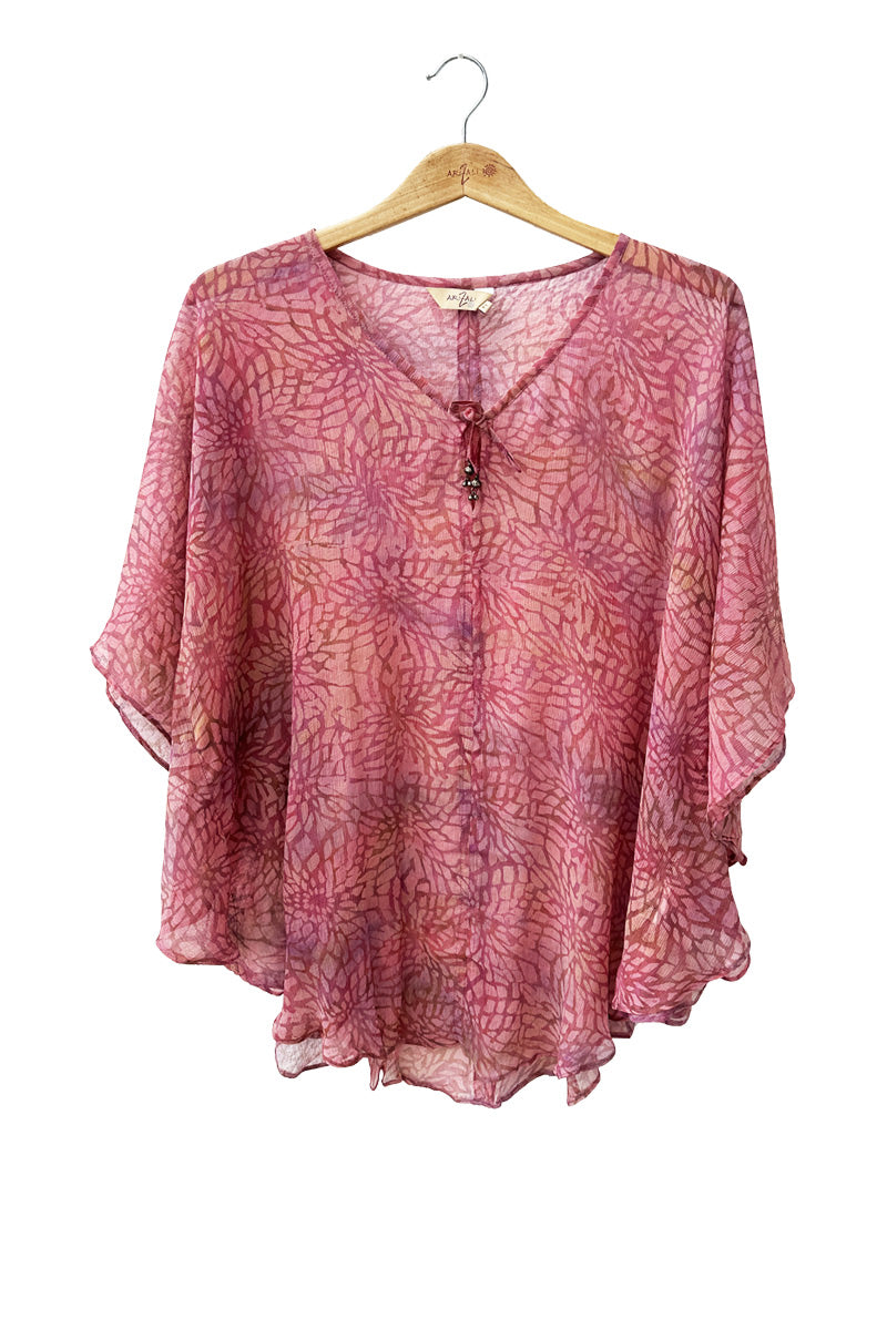 Top silk chiffon - 100% silk crinkled - printed batik by hand - V collar - 2 pinks