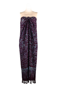 Sarong-dress rayon batik print with fringes- Aubergine
