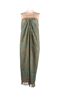 Sarong-dress rayon batik print with fringes-beige and green