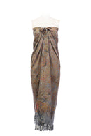 Sarong-dress rayon batik print with fringes- grey and brown