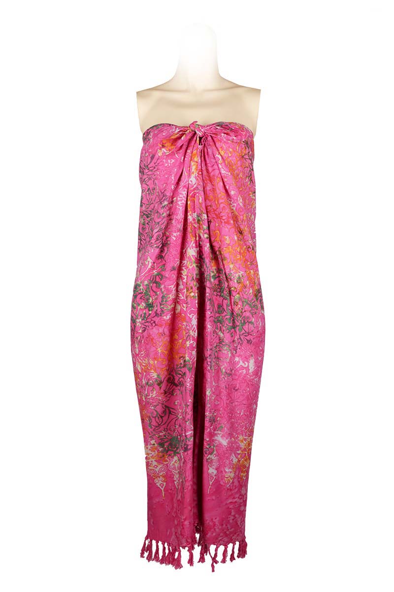 Sarong-dress rayon batik print with fringes- pink flowers