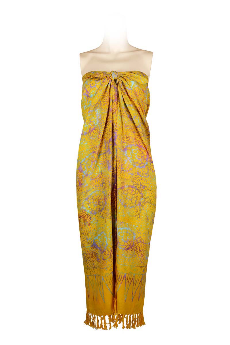 Sarong-dress rayon batik print with fringes- Yellow seashells